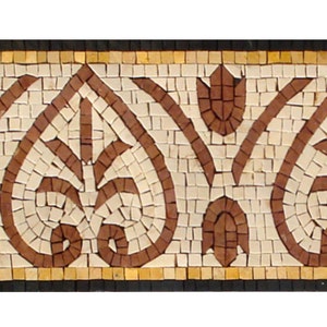 May include: A mosaic border design featuring a repeating pattern of stylized floral elements in shades of brown, cream, and gold. The mosaic is composed of small, square tiles, creating a textured surface. The border is framed by black and gold bands.
