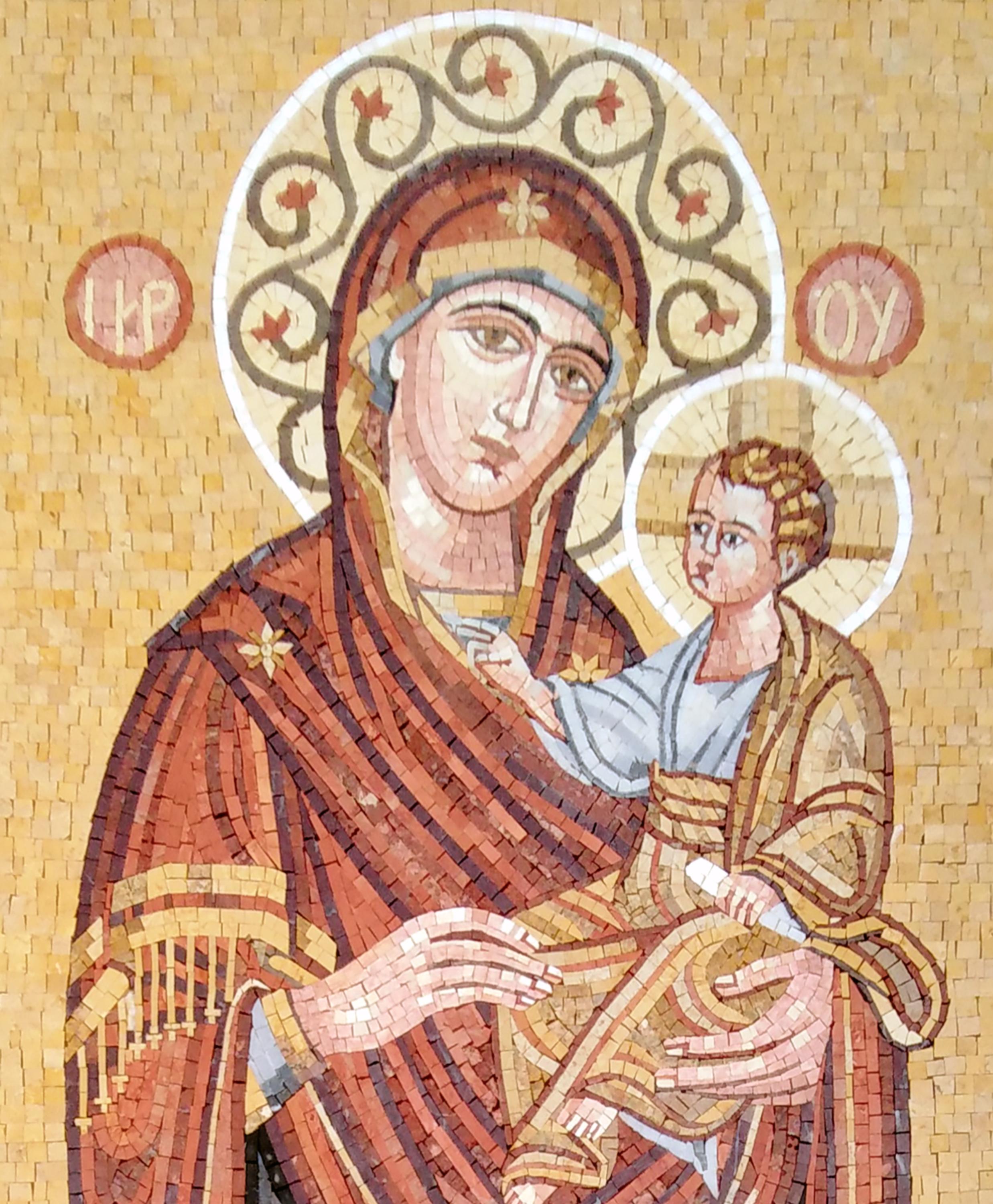 32インチ×69インチの聖母マリアと幼子イエスのモザイク画 - ビザンチン