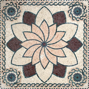 Handmade Floral Marble Mosaic Tile: Geometric Flower Art (36”x36")