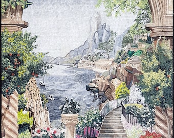 Terraces and seascape View of Port from Botanical Walkway Mosaic Wall Art- Tuscan Mosaic Artwork