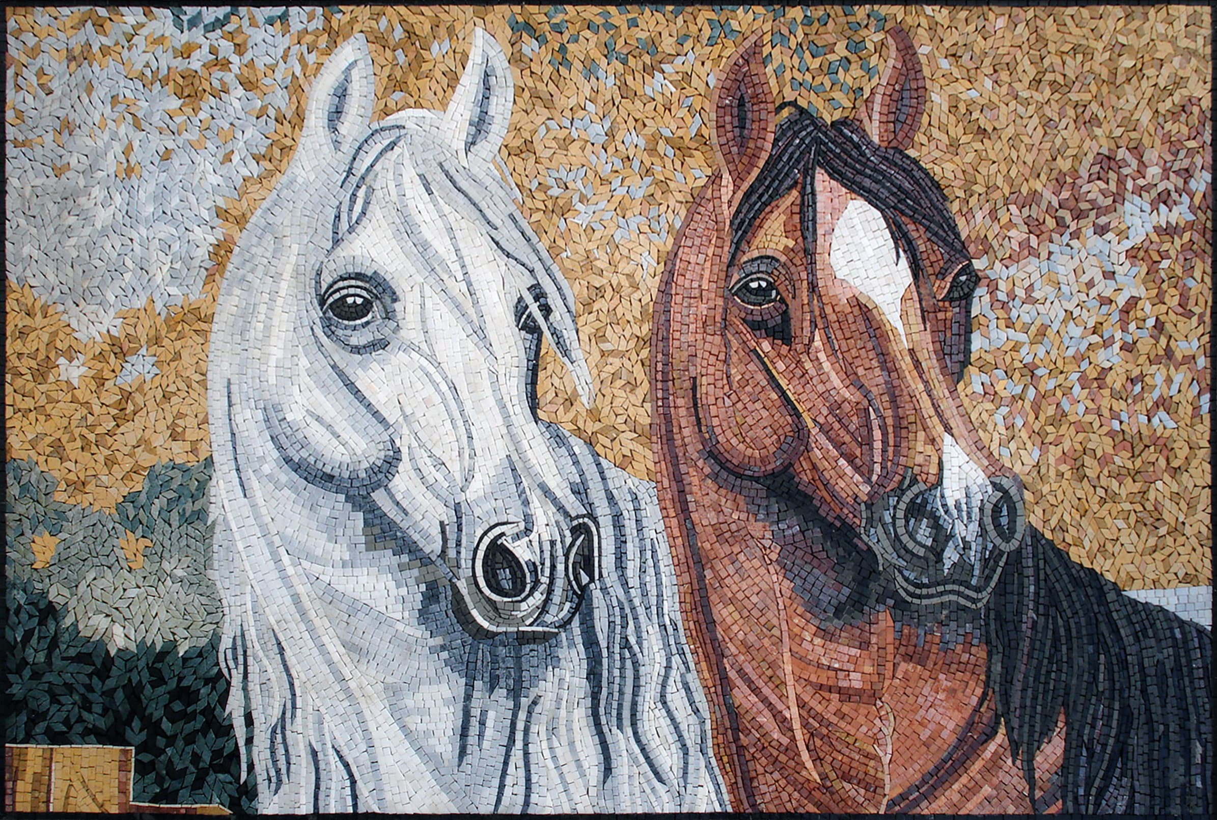 Handmade Horse Mosaic Tile Art Brown & White Marble | 40x28