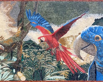 オウムと花のアート作品 優雅なオウムの花、花とオウムのモザイクアートキャンバス、モザイク