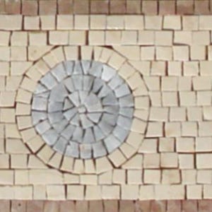May include: A rectangular mosaic tile design featuring a central section of light beige tiles, bordered by darker red-brown tiles. Circular patterns with gray and brown accents are placed at the center and ends.