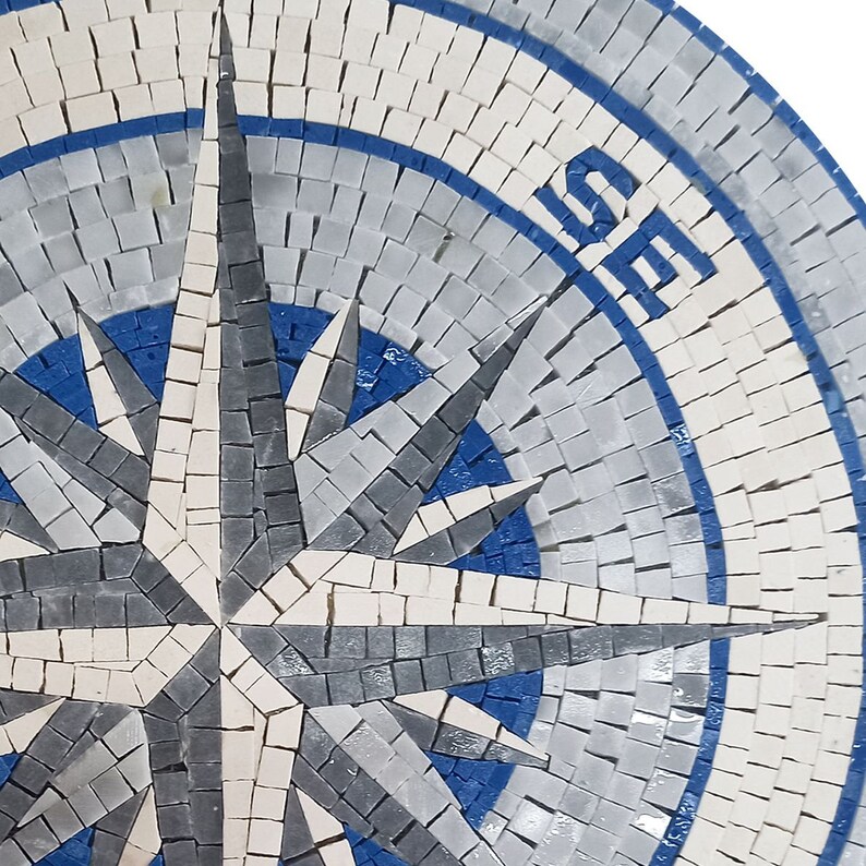 Coastal Serenity - Mosaic Medallion - Blue and Gray Compass Rose Design ...