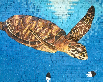 手作りの海の生き物モザイクタイル：カメと魚の海の壁画（48インチ×36