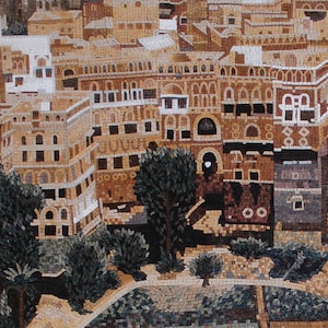 May include: A mosaic artwork depicting a cityscape with buildings, trees, and a courtyard. The buildings are made of small, colourful tiles and have a traditional Middle Eastern style. The trees are green and lush, and the courtyard is paved with stones.