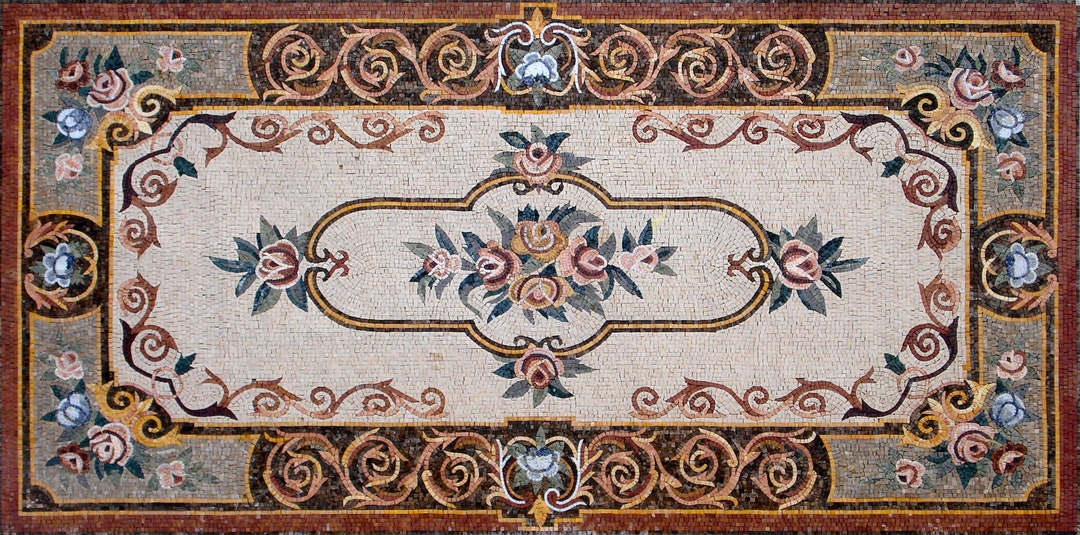 Stone Area Rug Inlay Handmade Marble Mosaic Rug: Floral Stone Inlay (112” X 60