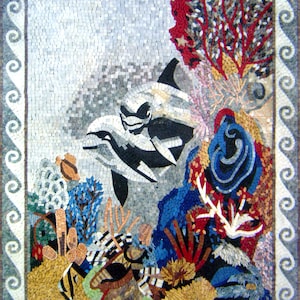 DOLPHIN MOSAIC TILES |Sea Animal Mosaic Murals For Living Room Walls | Bottlenose Dolphin Swimming Artwork Tiles For Room Walls Decor