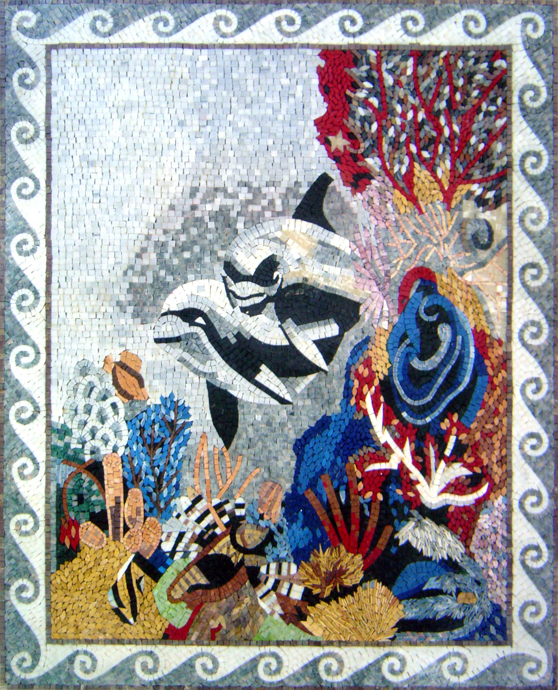 Handmade Dolphin Mosaic Tile Art Sea Animal Wall Decor | 50x40