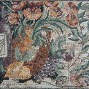 May include: A mosaic artwork depicting a still life with a wine bottle, a glass of wine, a vase of flowers, and fruit. The artwork is made of small, colorful tiles.