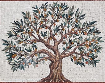 May include: A mosaic artwork depicting a stylized olive tree with brown branches and green leaves. The tree is set against a white background with a red border.