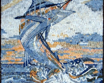 SWORDFISH WALL ART - Swordfish Leaping from the Sea Mosaic Mural Marble Wall Décor - Handcraft Sea Wall Hanging Art - Home Décor Gift