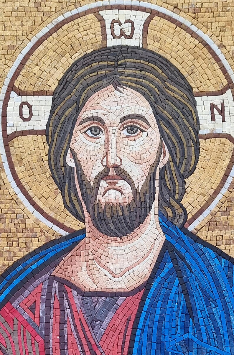 May include: Mosaic portrait of a man with a beard, wearing a blue and red robe, and a halo with the letters "O" and "N". The mosaic is made of small, colorful tiles, creating a detailed image. The background is a light brown color.