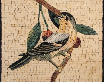 May include: A mosaic tile artwork depicting a bird perched on a branch with green leaves and red berries. The bird is made of small, colorful tiles and has a detailed design.