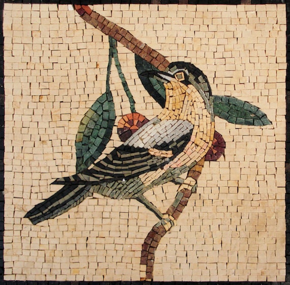 手作りの鳥のモザイクタイルアート：カラフルな大理石の壁装飾（16x16