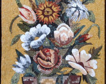 額装された大理石モザイクの花の絵画、花瓶のタイルアート - Etsy 日本