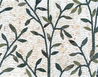 FLORAL LEAVES ART - Handmade Marble Mosaic Floral Leaves Pattern Art Tile - Mural Wall Décor - Handmade Wall Art - Home Decoration