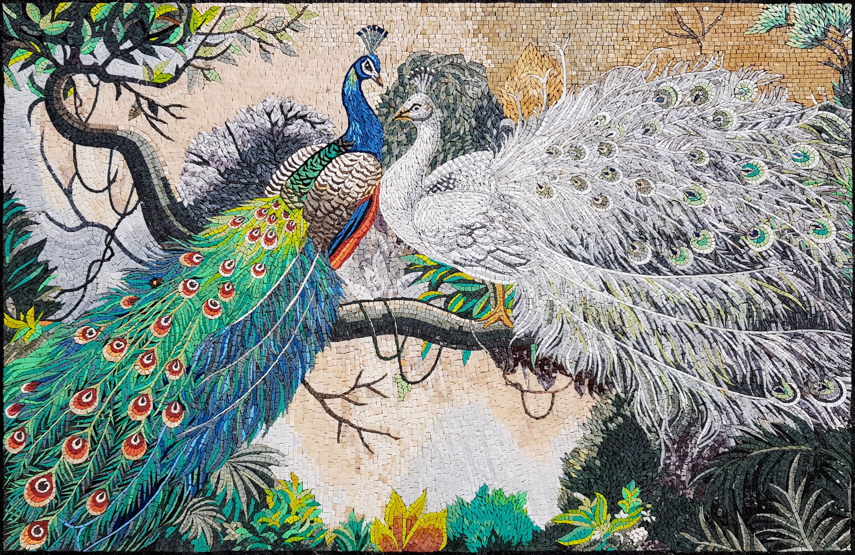 Handmade Peacock Mosaic Tile Art: Indoor/outdoor Wall Decor (60” X
