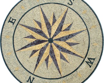 Compass Rose Marble Mosaic Medallion: Nautical Flooring Tile Art