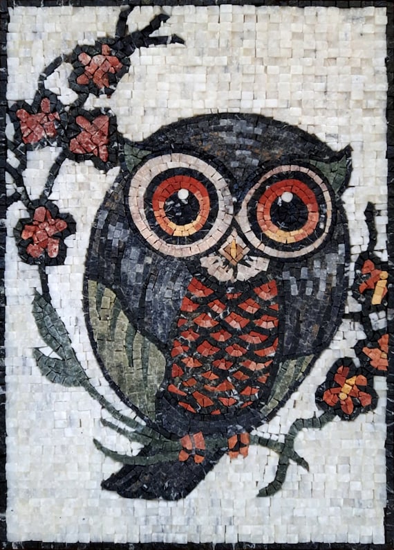 手作りのフクロウモザイク：大理石の壁アートタイルのバック