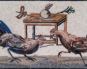 Handmade Fighting Roosters Mosaic Tile Art: Kitchen Backsplash or Farm Wall Decor
