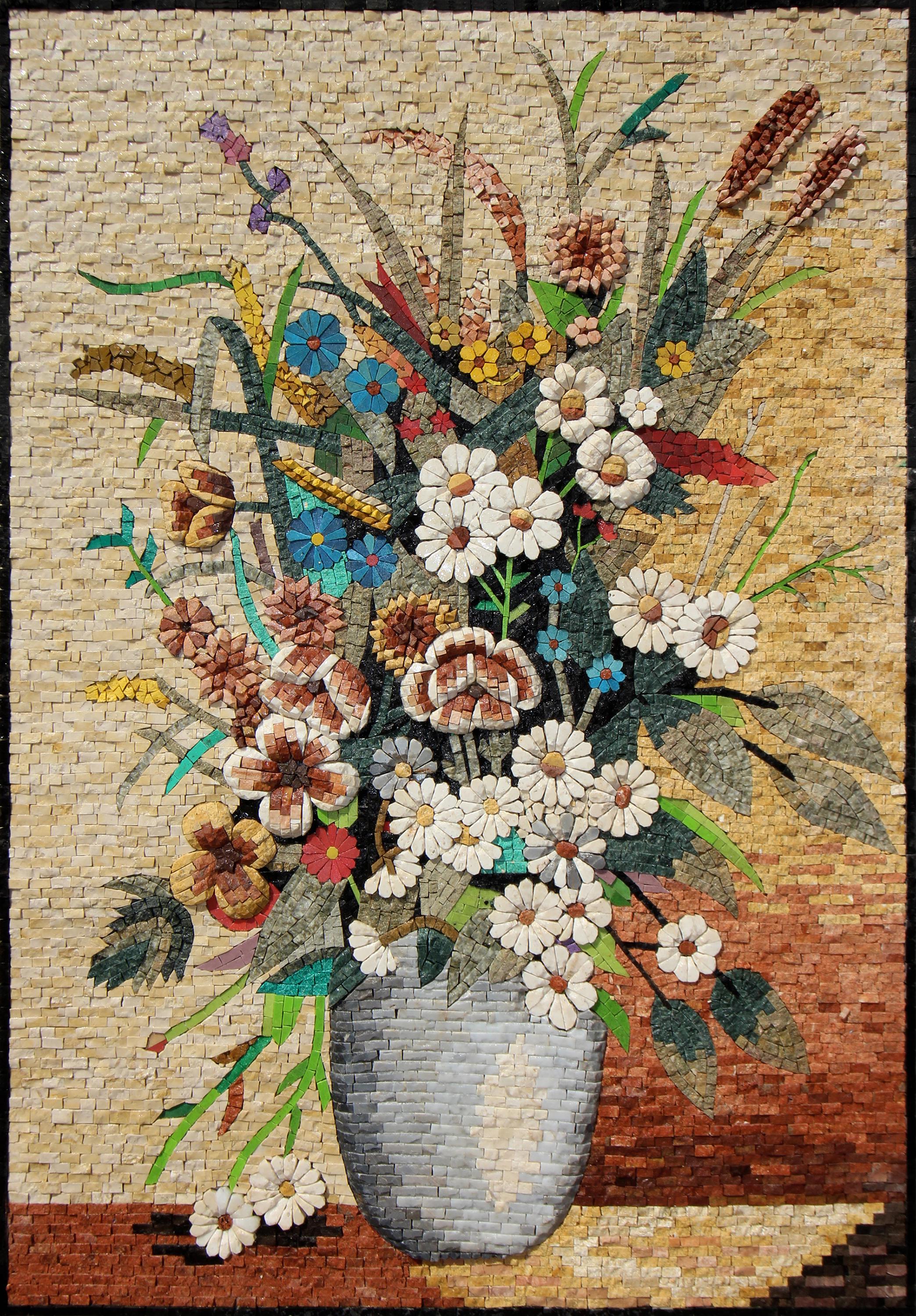 手作りの花柄モザイクタイルアート：大理石の花瓶のバックスプラッシュ