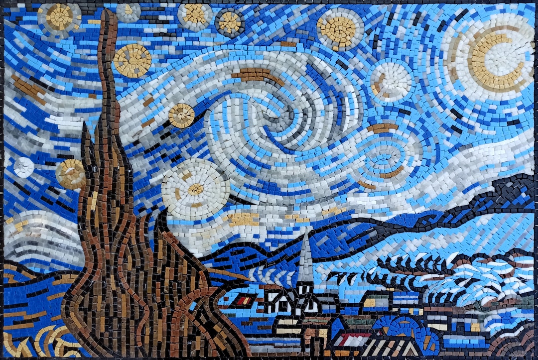 ヴァン・ゴッホの星月夜モザイクアートタイル：手作り大理石メダリオン