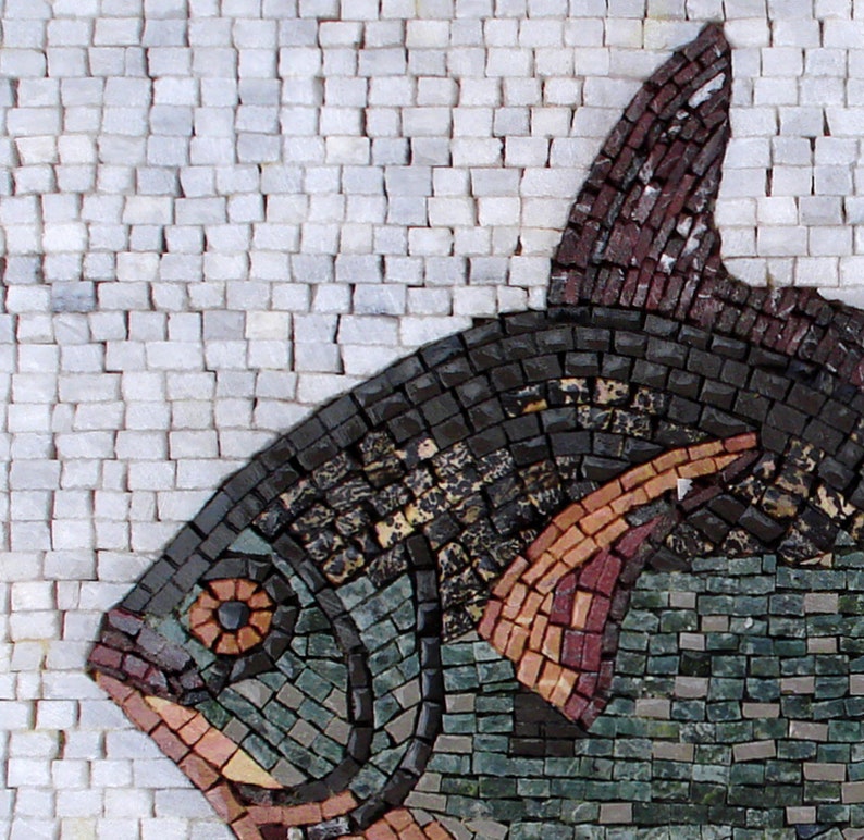 May include: A mosaic artwork depicting a fish, composed of small, irregularly shaped tiles. The fish features a dark gray body, a reddish-brown fin, and a green and brown eye. The background is made of white tiles.
