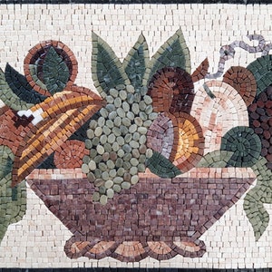 MOSAIC KITCHEN BACKSPLASH - Fruit Bowl Still-Life Atop White Background Mosaic Wall Art