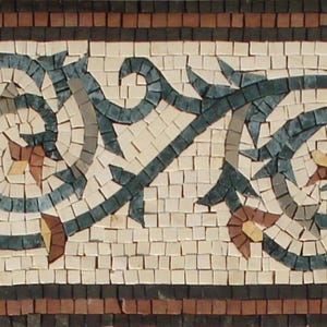 May include: Mosaic border with a repeating floral and swirl design. The mosaic features a cream-colored background with dark teal, brown, and tan accents. The border is framed by a dark brown and black border.