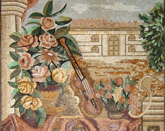 VIOLIN WALL ART - Floral Wall Hanging - Music Player Décor - Violin Player Gift - Mosaic Nature Wall Tiles