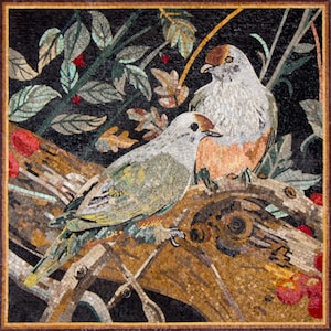 May include: A mosaic artwork depicting two birds perched on a branch. The birds are a light gray and a green with yellow accents. The background is a dark green and brown mosaic with hints of red.