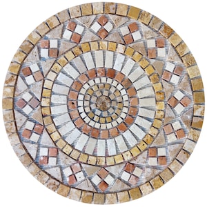 Round Marble Mosaic Medallion: Brown Border Handmade Stone Art