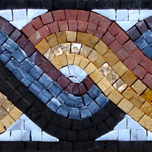 May include: A mosaic tile border with a repeating pattern of interlocked waves in shades of brown, blue, and black.