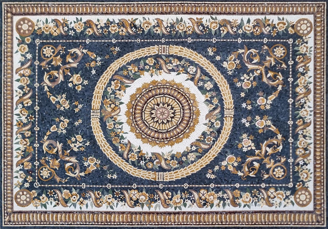 Floral Marble Mosaic Rug: Handmade Geometric Tile Art (80”x 56