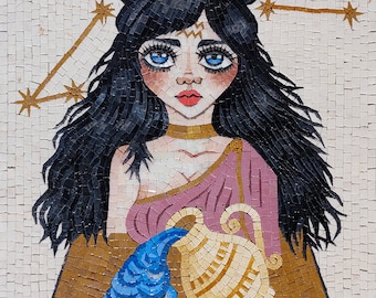 Handmade Aquarius Zodiac Mosaic Tile Art: Home Wall Decor (30x20)