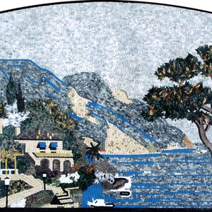 NATUR MOSAIK FLIESEN | Boot im Ozean-Strand-Küstenmeisterstück Kunstwerk-Fliesen für Wohnzimmerwand | Antike Kunstfliesen für Innenwände