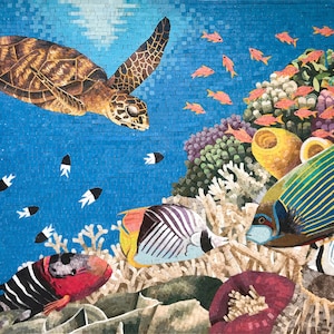 SEALIFE MOSAIC TILES |Ocean Marine Murals For Living Room Walls | Colorful Turtle And Fish Artwork Tiles For Interior Rooms Wall Decor