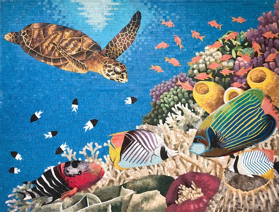 手作りの海の生き物モザイクタイル：カメと魚の海の壁画（48インチ×36