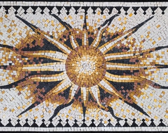 Flaming Sun Marble Mosaic Rug: Handmade Celestial Tile Art