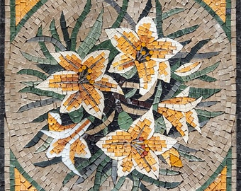 MOSAIC FLOWER ART - Handmade Mosaic Flower Rose Yellow and White Lillies Vignette Mosaic Wall Art Tile