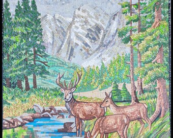 Deer Drinking Water Mosaic Art – Handmade Marble Wildlife Wall Hanging (36x32)