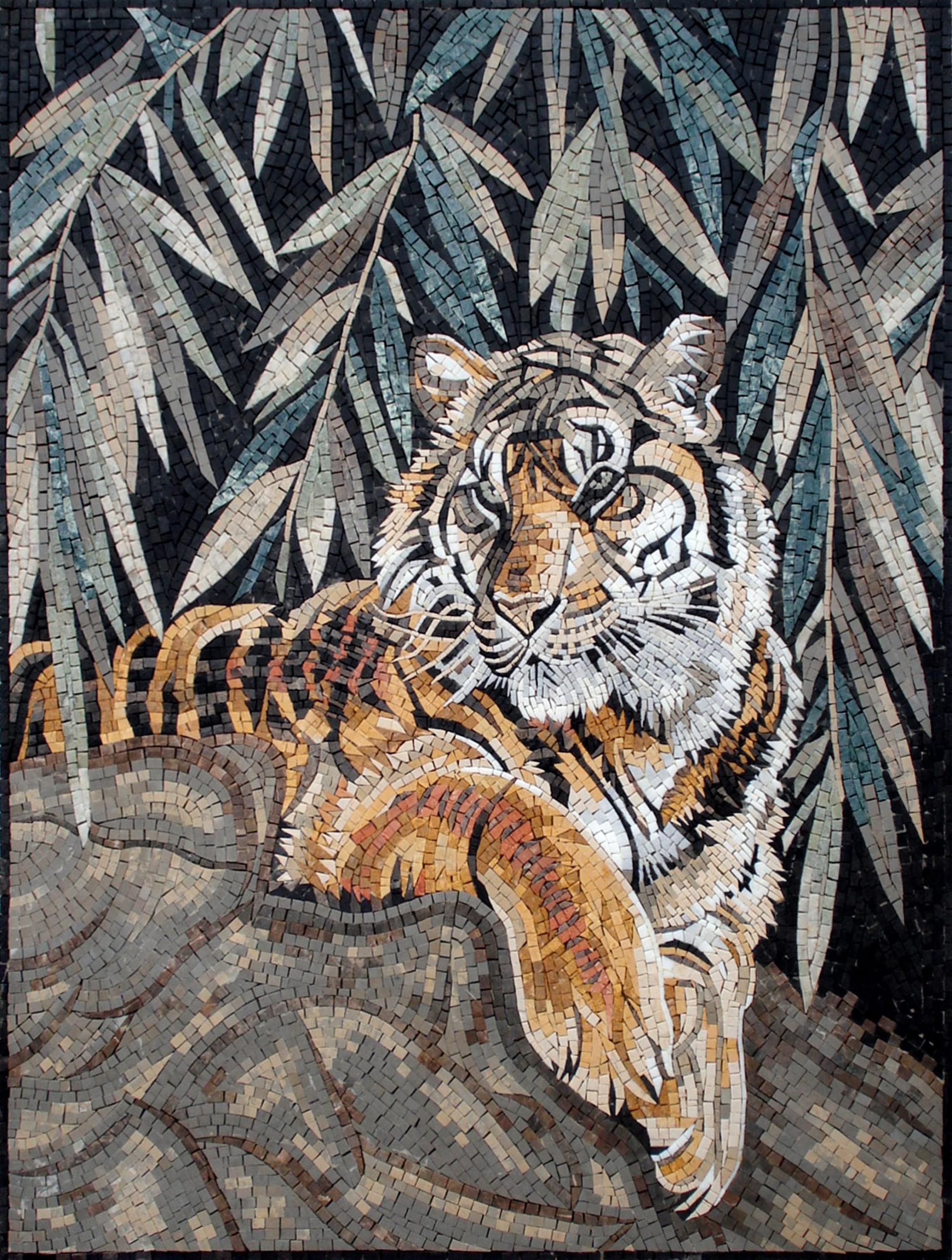 Handmade Bengal Tiger Marble Mosaic Tile Mural | 36" X 28"