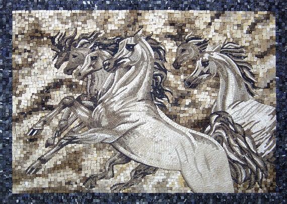 手作りの走る馬のモザイク壁画：石の動物の壁アート（56インチ×40
