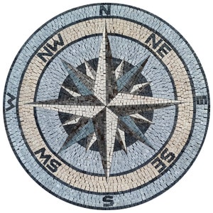 May include: A circular mosaic compass rose with a blue, gray, and white color scheme. The compass rose is surrounded by a beige ring with the cardinal directions marked in black.