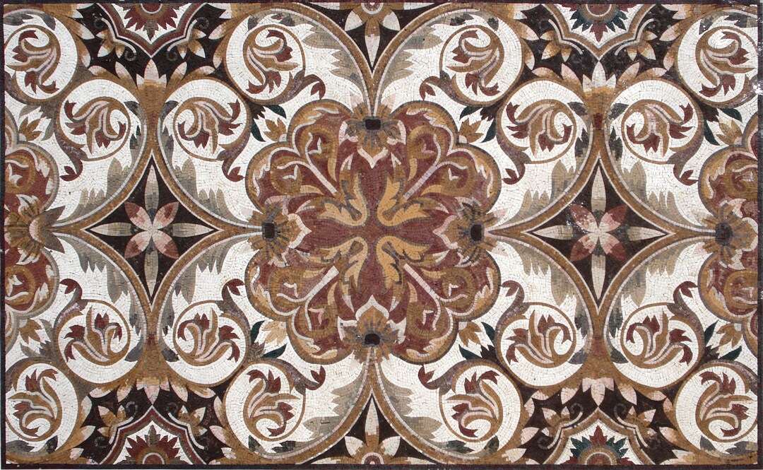Stone Tile Rug Handmade Natural Stone Mosaic Rug: Floral Tile Art (100” X 60