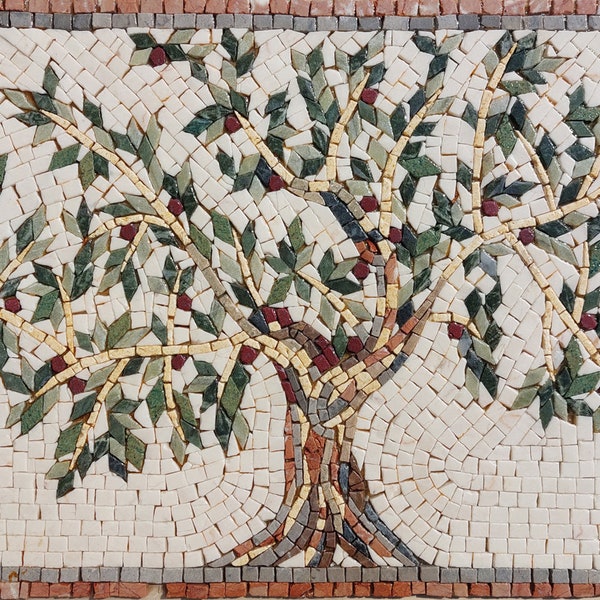 Olivenbaum-Backsplash-Marmor-Mosaikfliesen. Anpassung. Handgefertigte römische Mosaike