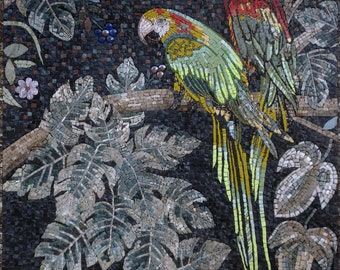 May include: A mosaic artwork featuring two parrots perched on a branch amidst lush green foliage. The parrot on the left is green and yellow, while the parrot on the right is red and green.