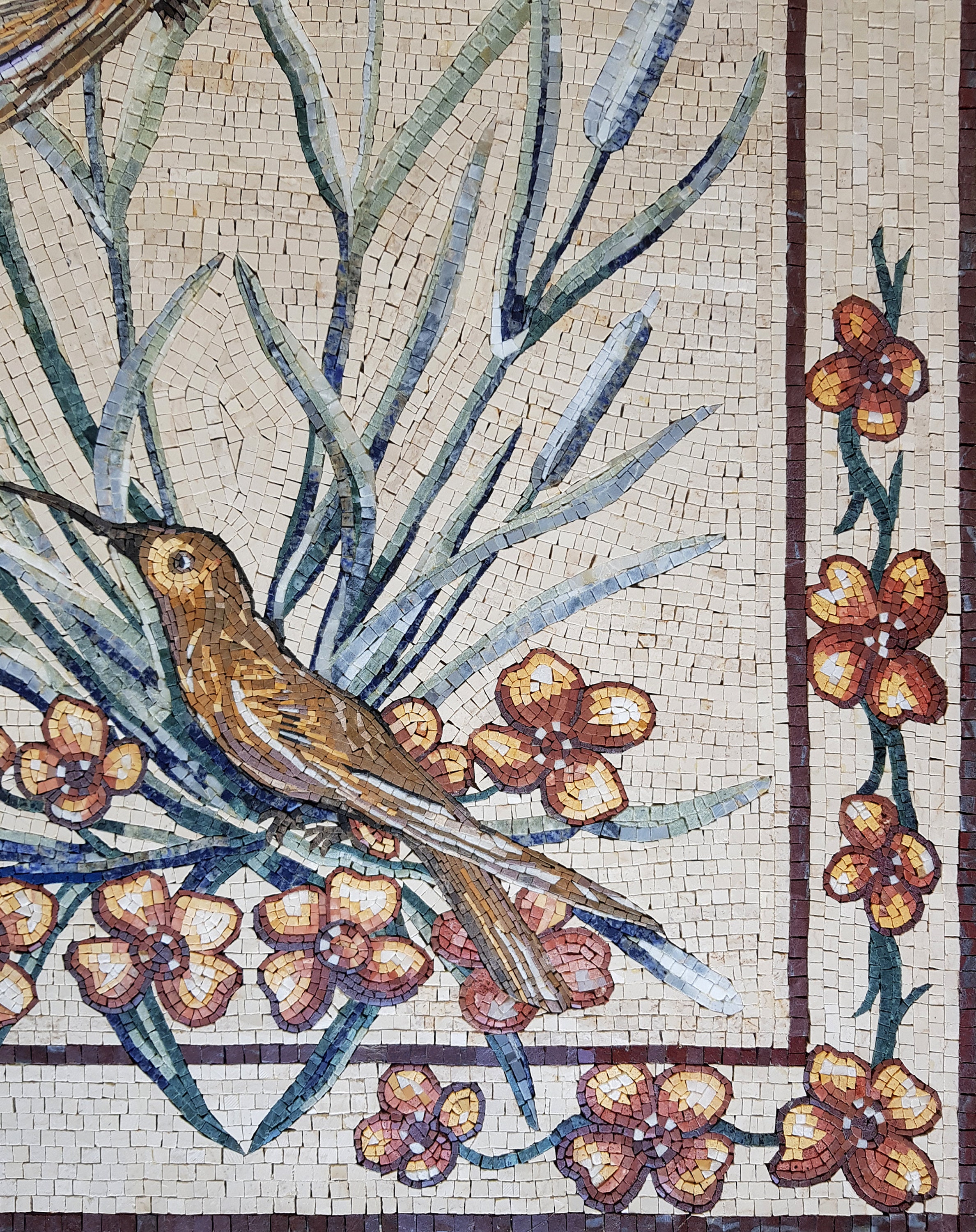 天然石モザイクアート 壁掛け 手作りのカワセミモザイクタイルアート：花柄の鳥の壁飾り（40x32