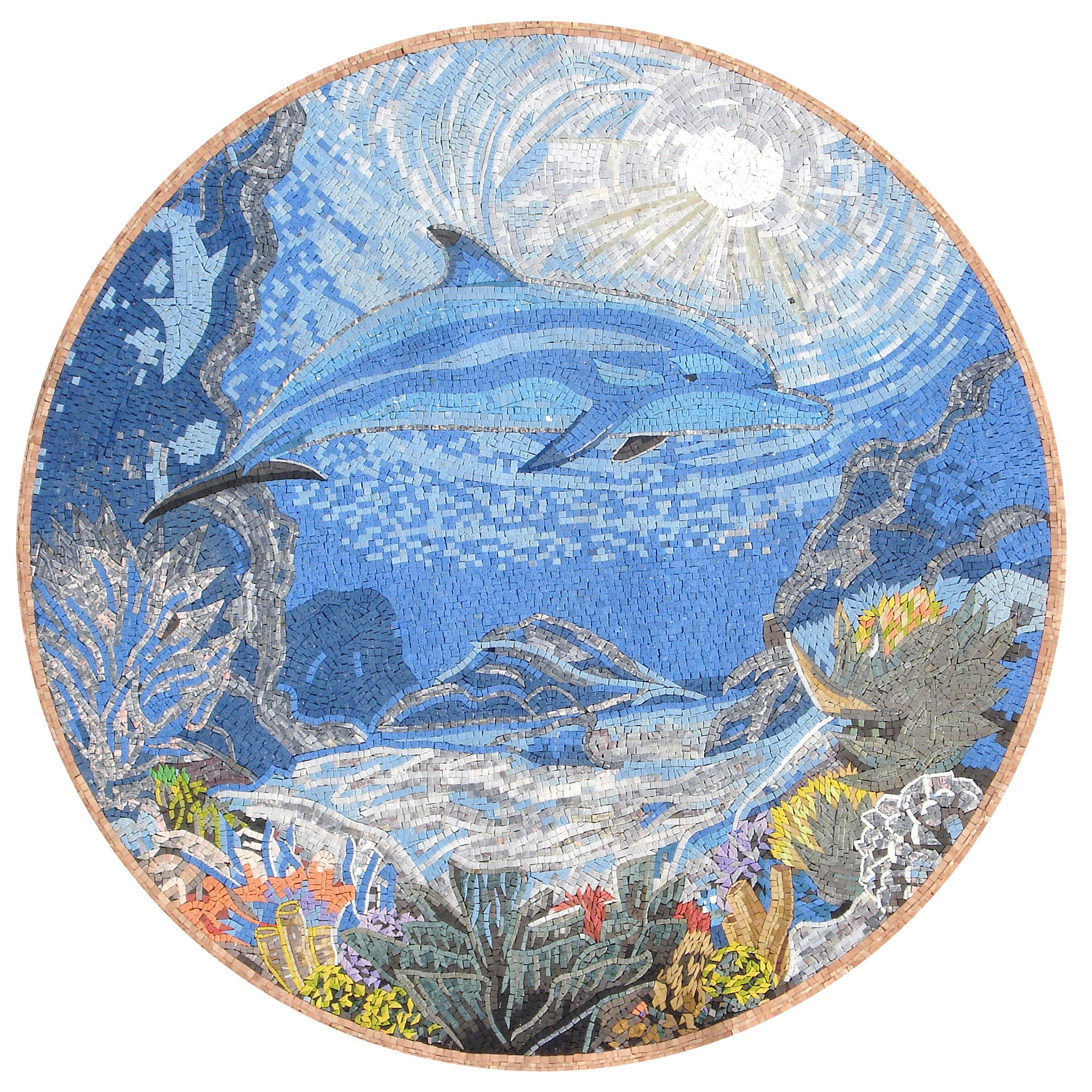 Breathtaking 72" Handmade Sealife Dolphin Marble Mosaic Pool Medallion Art - Customization Available